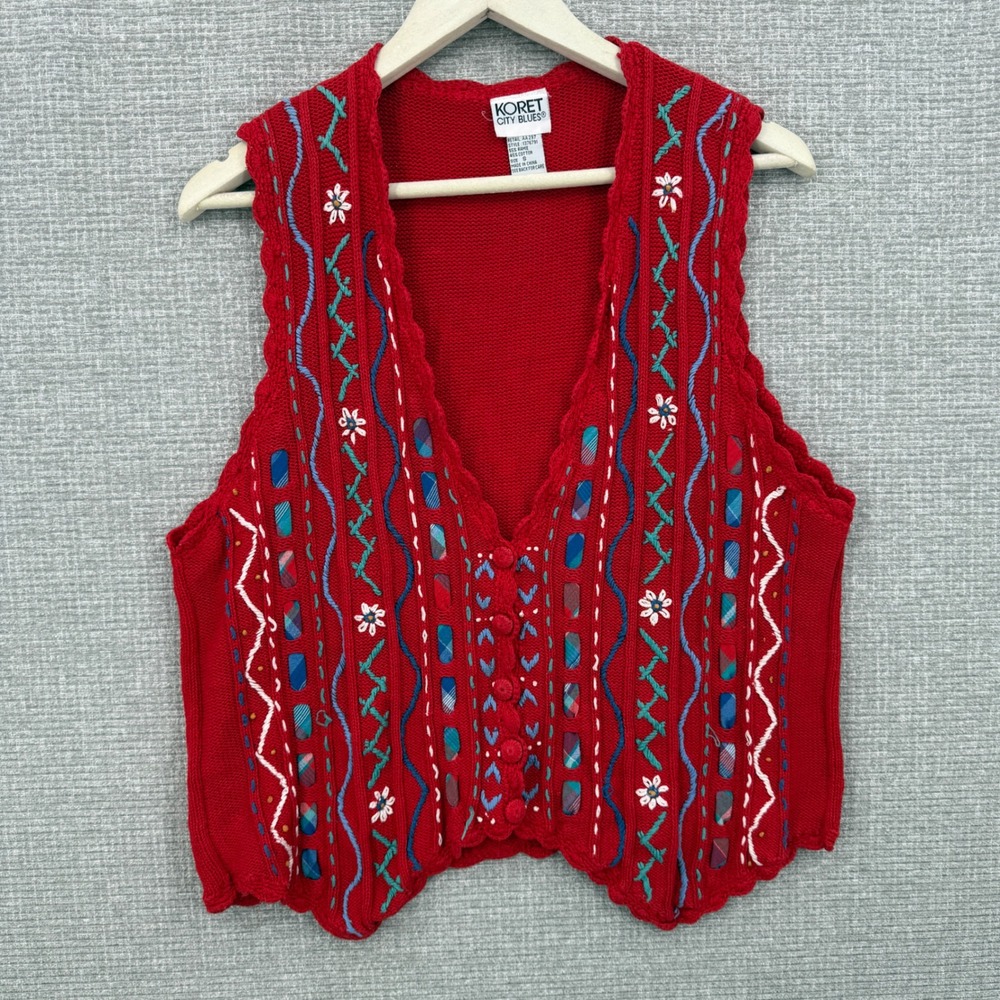 Vtg Koret City Blues Knit Vest Women S Red Embroidered Floral Prairie Cottage